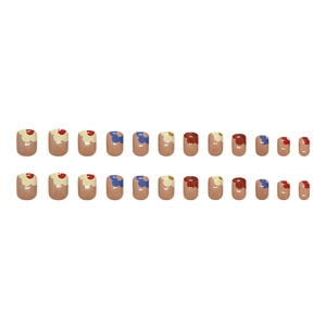 Minimalist square press-on nails with colorful half-flower designs on nude brown base