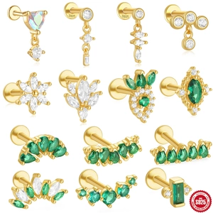 Marquise Green Zirconia Labret Stud Earring 925 Sterling Silver Flat Back Gold Plated Cartilage Piercing Jewelry