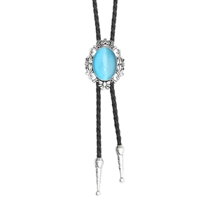 Vintage silver crown bolo tie with light blue opal stone on a black braided rope