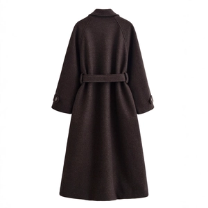 Deep chocolate wool coat with belted waist shown from the back on white background