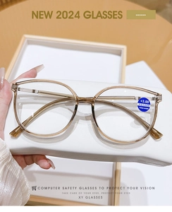 Detail of +3.00 diopter blue light blocking glasses with transparent brown frames