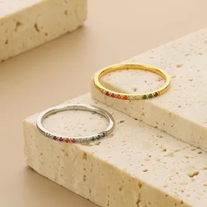 Minimalist Thin Ring Titanium Steel Colorful Zircon Pavé Eternity Band For Women Light Luxury Stackable Jewelry
