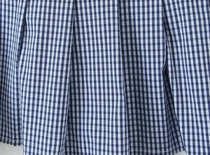 Close-up detail of blue and white gingham fabric with sharp pleated texture and fine weave