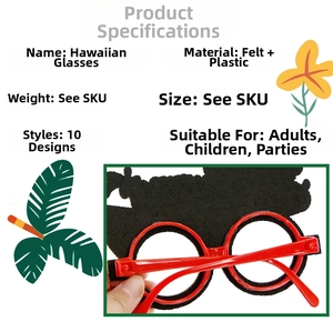 Detailed view of novelty Hawaiian party glasses made of red plastic and black felt decor