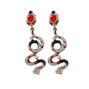 Vintage snake-shaped earrings with red gemstone and colorful enamel in gold finish