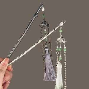 Silver lotus sword hairpins with tassels and pearls in a traditional Chinese style