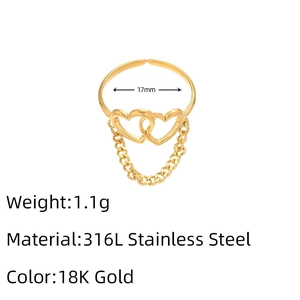 Detail view of 18K gold heart ring with size measurements and 316L steel specs