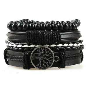 Men's 4-piece multilayer tree of life leather bracelet set with matte black beads