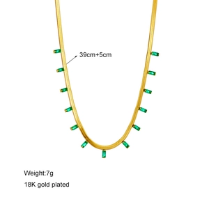 18K gold plated snake chain necklace with emerald green crystals, 39cm+5cm length