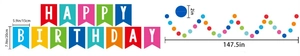 Detailed dimensions of Happy Birthday banner and colorful polka dot paper garland set