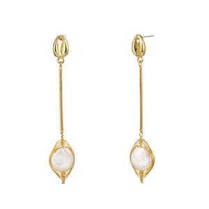 Bohemian seashell stud earrings with wire-wrapped faux pearls and gold long drop pendants