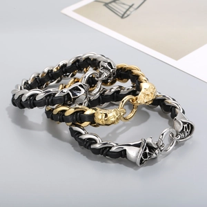 Men's gothic braided leather bracelet with silver and gold skull steel charms