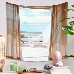 Tapisserie bohème avec imprimé balcon vue sur mer ensoleillée pour décor mural