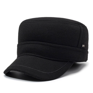Classic black wool flat top cadet hat for men with textured fabric and metal logo detail
