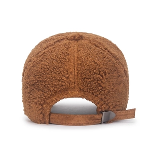 Brown faux shearling baseball cap rear view with adjustable suede strap and metal buckle