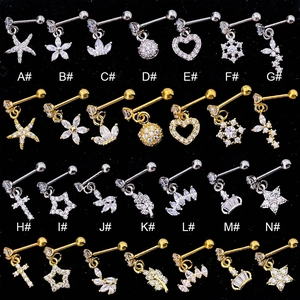 Stainless Steel Zircon Cartilage Stud Earrings Heart Flower Star Helix Tragus Piercing Jewelry For Women Elegant Trendy