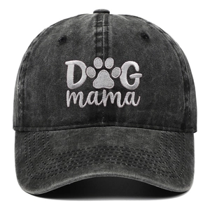 Washed dark gray cotton baseball cap featuring white DOG mama embroidery and paw print