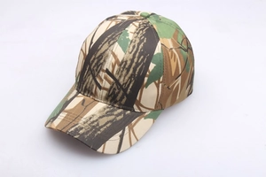 Detail of outdoor sun-protective baseball cap with woodland camouflage pattern and stitching