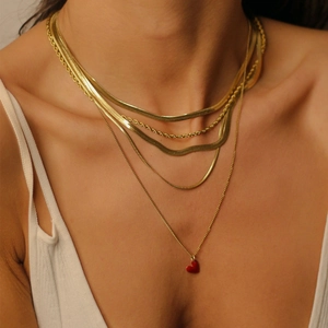 Layered 18K gold stainless steel necklaces with snake chain and red heart pendant