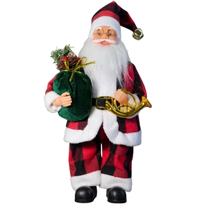 Standing Santa Claus doll in red plaid outfit with gold horn and green gift bag ornament