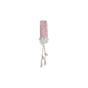 Pink rhinestone flower hair clip with white pearls and metal chain tassels on white background
