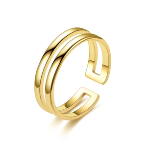 Golden double-layered open ring in high-polished metal finish on white background