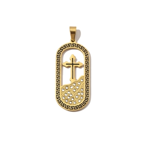 Detail view of gold cross pendant featuring sparkling zircons and Greek key border
