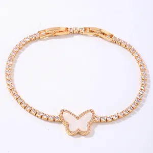 Detail view of gold butterfly tennis bracelet with cubic zirconia, 19.5cm length and 6.2g