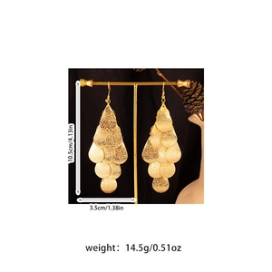 Detail view of golden tiered sequin drop earrings with size markers 10.5cm and 3.5cm