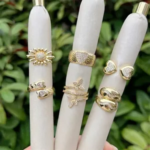 Adjustable Copper Ring 18K Gold Plated Cubic Zirconia Heart Butterfly Sunflower Open Jewelry For Women