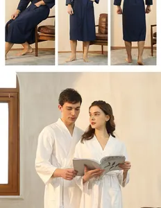 Detailed waffle weave texture on couple's lightweight absorbent cotton bathrobes