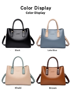 Color display of four minimalist women's handbags in black, lake blue, khaki, and brown