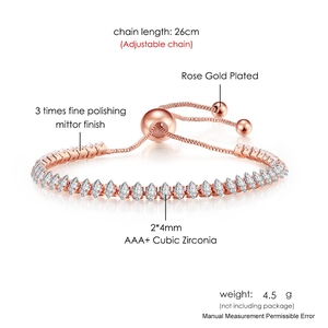Adjustable rose gold plated tennis bracelet with 2x4mm marquise AAA+ cubic zirconia