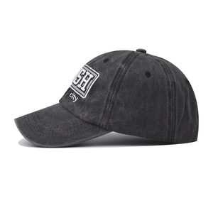 Detailed embroidery on vintage charcoal grey washed cotton baseball cap with SH patch