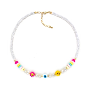 Colorful freshwater pearl necklace with smiley face and evil eye pendants on white base