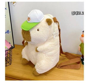 Detail view of plush capybara backpack featuring adjustable straps and white zipper