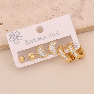 Three-pair gold stainless steel earrings set featuring star moon and heart rhinestone details