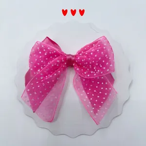 Pink polka dot organza bow decoration for hair accessories and gift box styling
