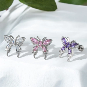 Boucles d'oreilles papillon élégantes avec pierres de zircon blanches, roses et violettes