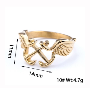 Detail view of gold anchor and wings ring showing 11mm by 14mm size specifications