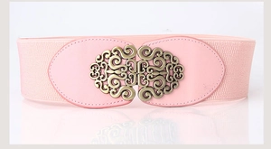 Pink elastic wide waist belt featuring a vintage bronze hollowed-out metal buckle