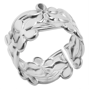 Detailed view of silver stainless steel ring featuring a cutout five-petal flower design