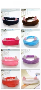 Detail view of plush cat ear headbands in eight soft colors for skincare and makeup
