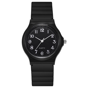 Minimalist black quartz watch with white Arabic numerals and resin strap for students