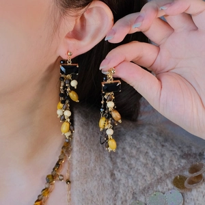 Bohemian style square stone drop earrings with colorful beaded tassels and wood beads