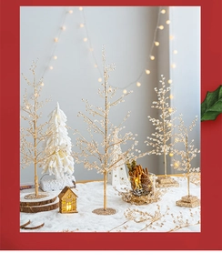 Detailed close-up of golden beaded Christmas tree ornaments with warm festive lighting
