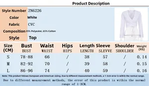 Guide des tailles S-L pour haut blanc à manches cloche et laçage en tissu CVC