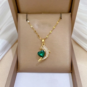 Dolphin Heart Pendant Necklace Stainless Steel Chain Copper Micro Inlaid Green Zirconia Luxury Dainty Jewelry For Women