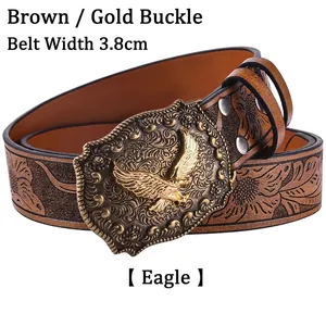 Detail of 3.8cm brown leather belt with golden eagle buckle and embossed floral patterns