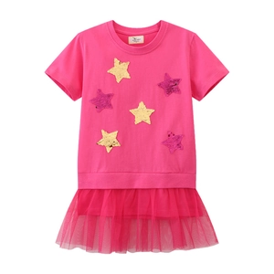 Girls rose red cotton mesh dress featuring sparkling sequin stars and a tulle skirt